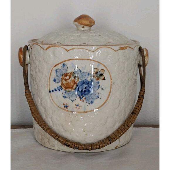 Vintage Japanese Painted Floral Embossed Biscuit Jar Ceramic Wicker Handle - Picture 1 of 12